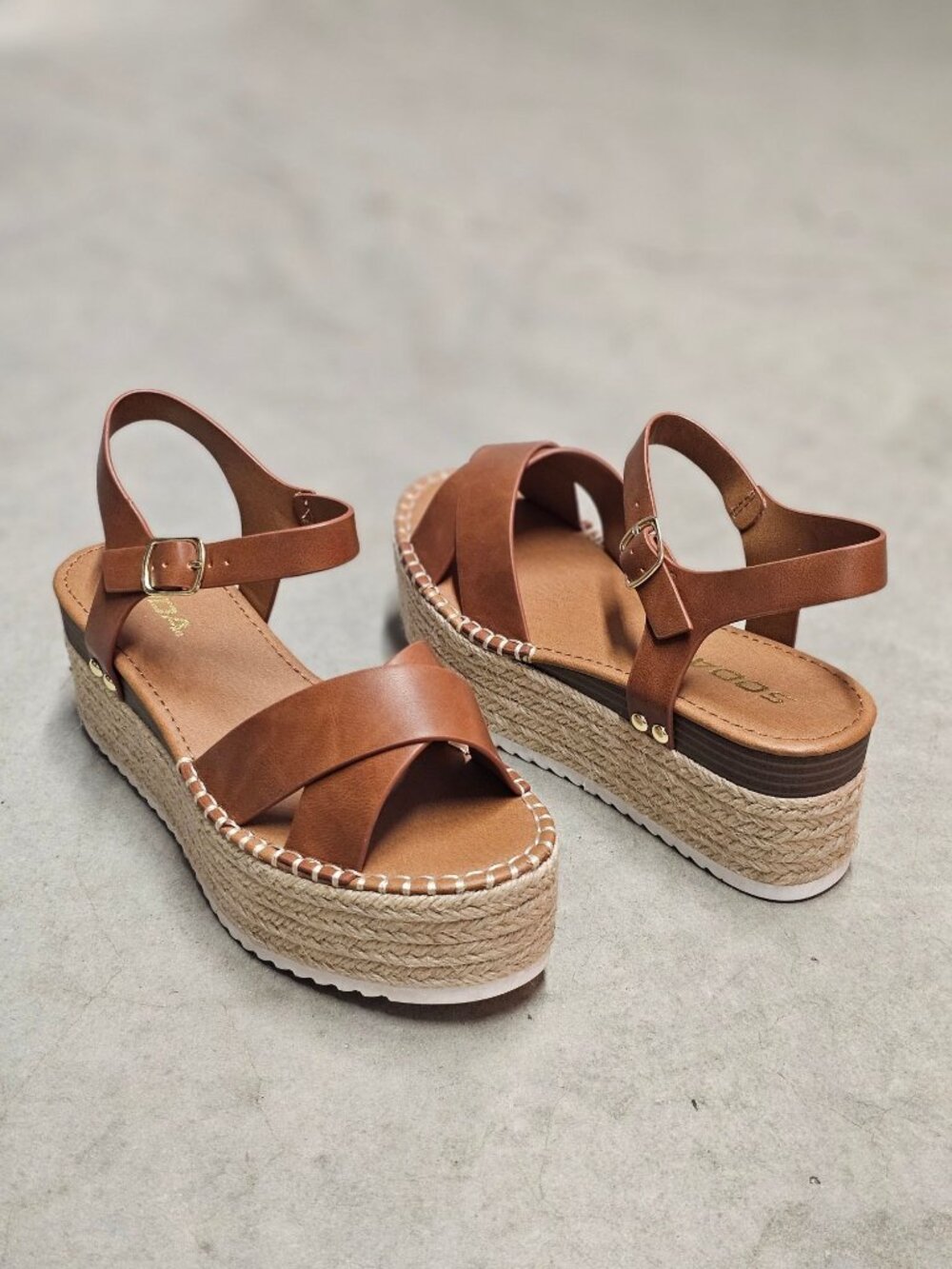 Tan Platform Espadrille Sandals With Buckle Strap Crisscross Upper & White Sole - Picture 5 of 16